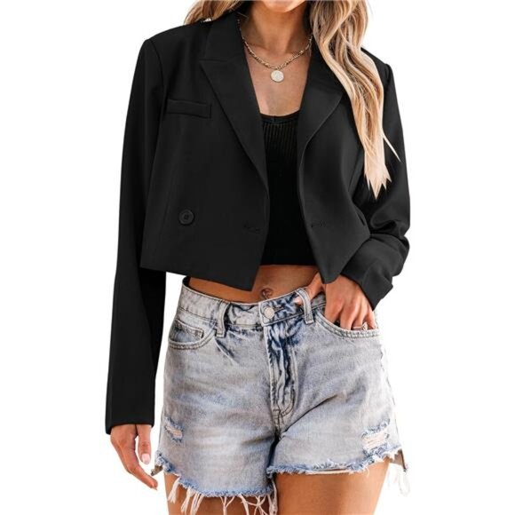 Cropped Oversized Blazer Women Business Casual Double Breasted Open Front Jacket
